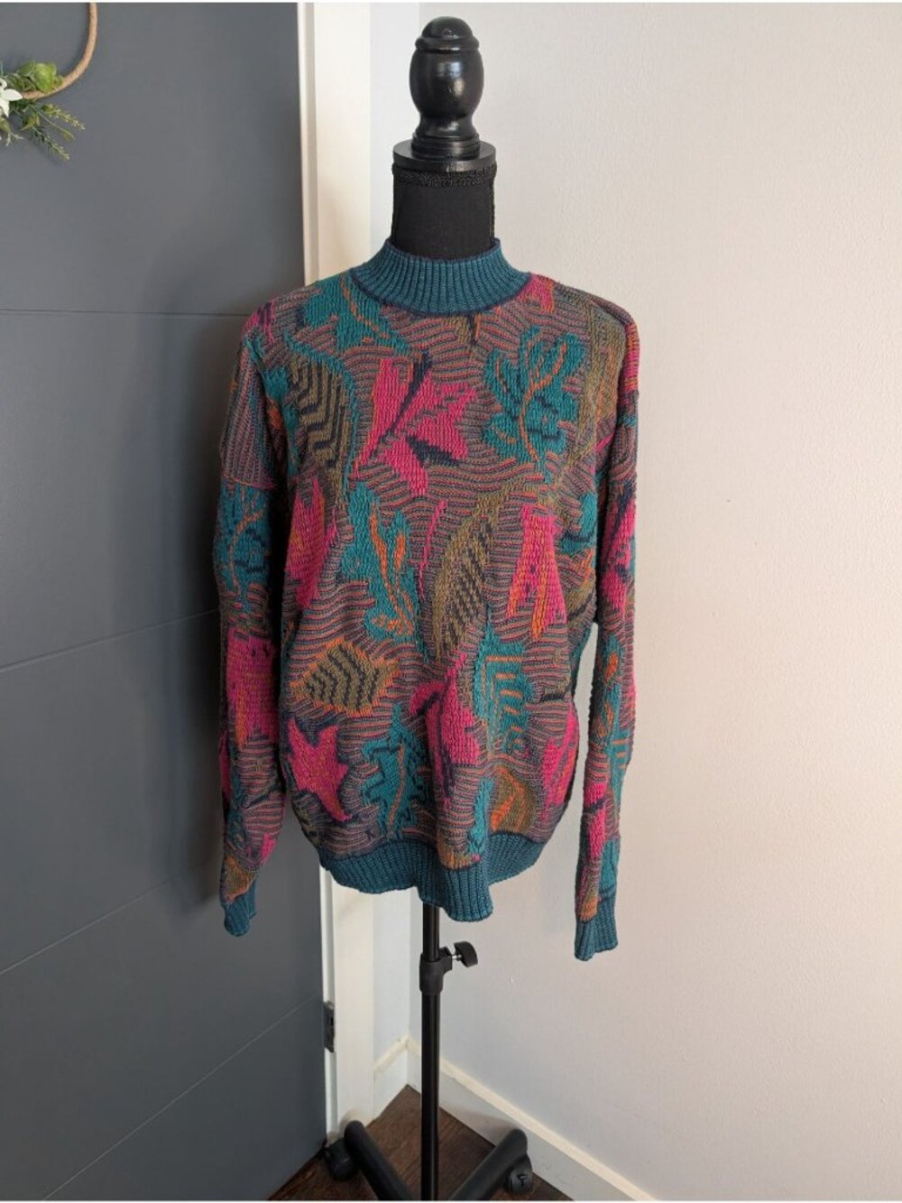 Vintage New River Abstract Floral Leaf Print Sweater Teal & Pink - L